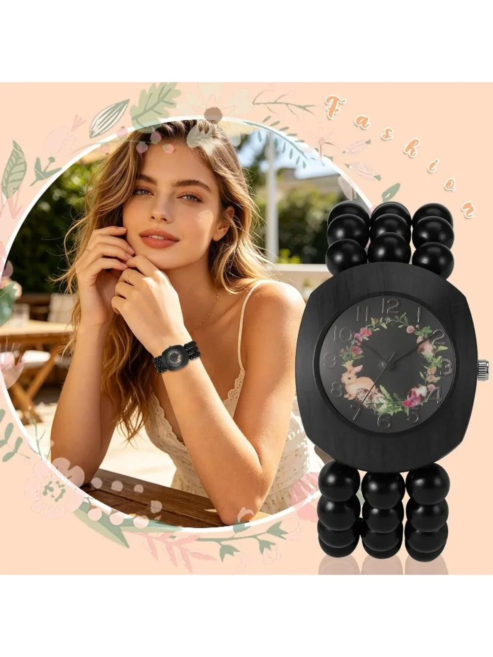 Women's Black Boho Wood Bead Wreath Dial Floral Quartz Elastic Band Casual Watch